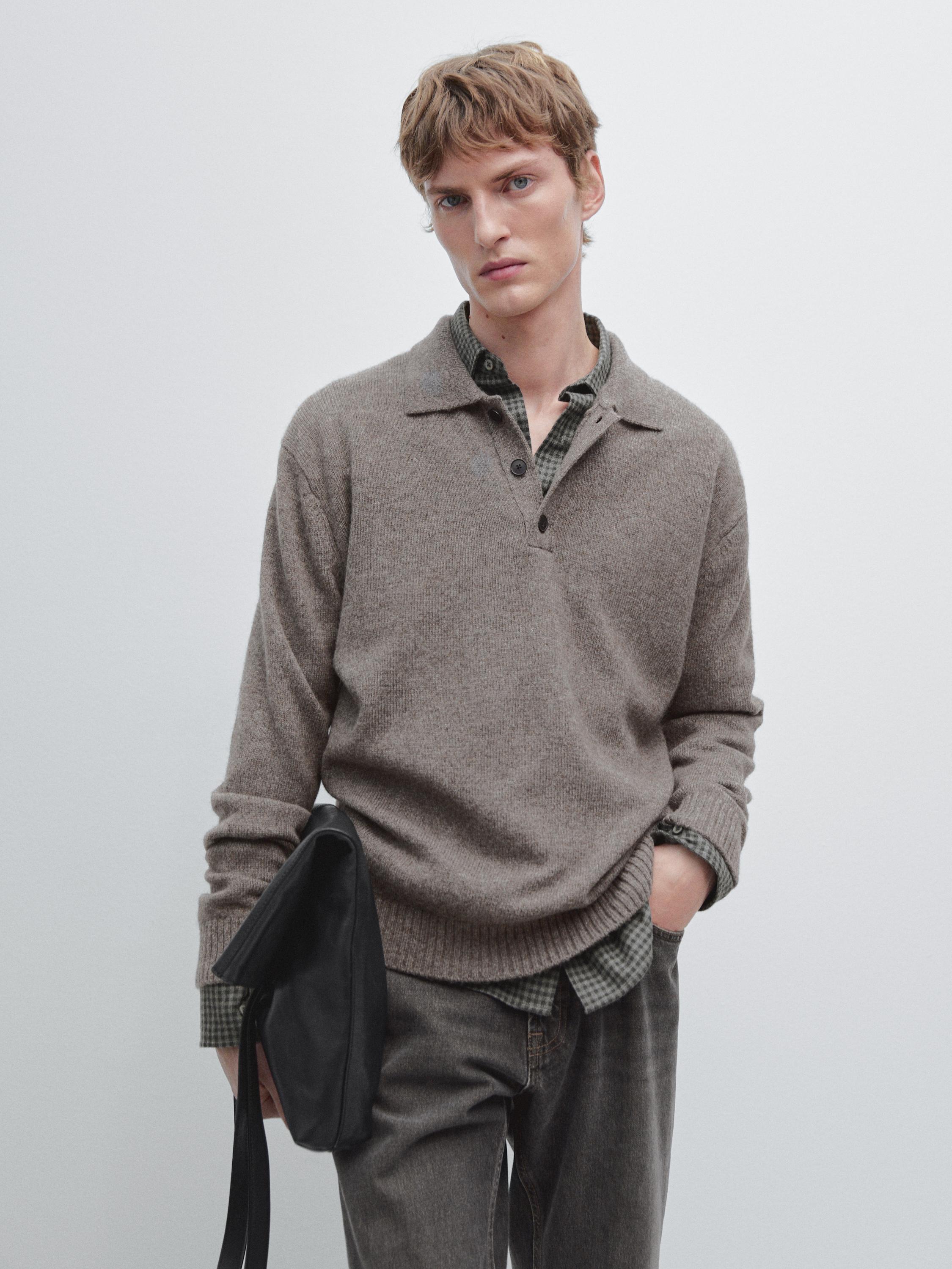 Wool blend knit polo sweater